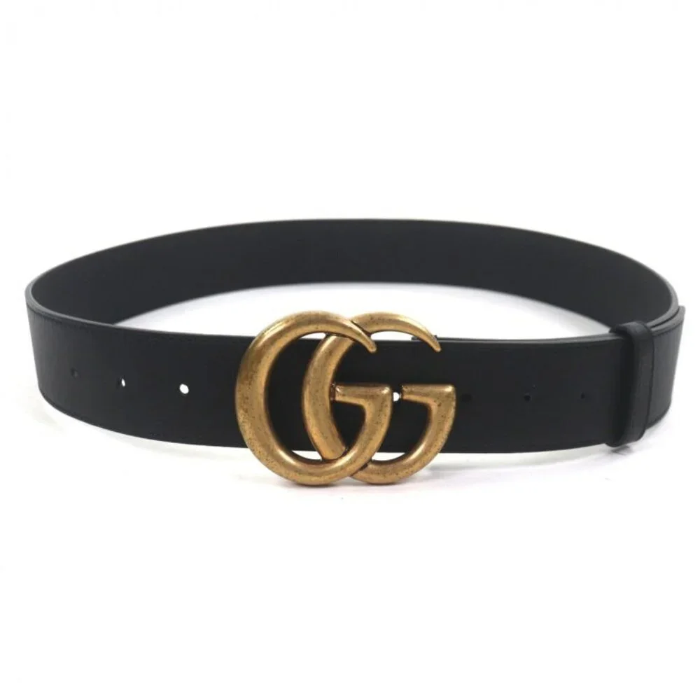 Gucci Double Wide Belt Leather GG Marmont Buckle Black Gold - Picture 3 of 10